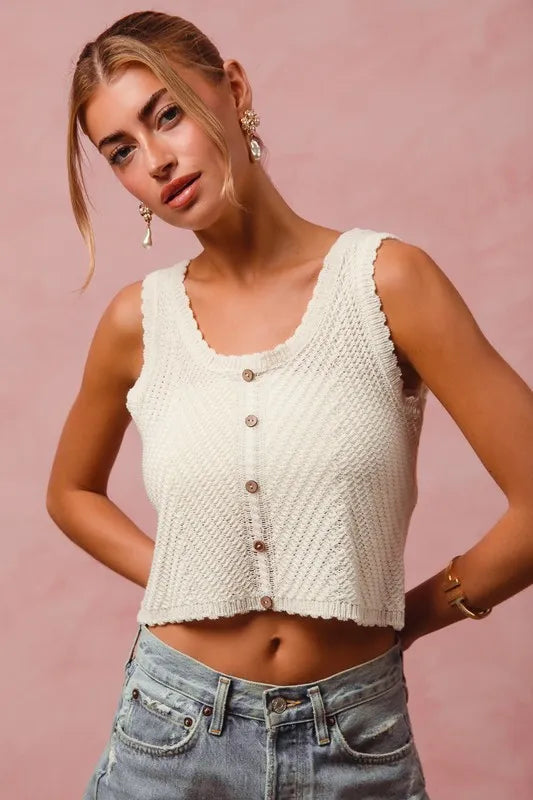 Cream Chevron Pattern Buttoned Front Lightweight Tank Top