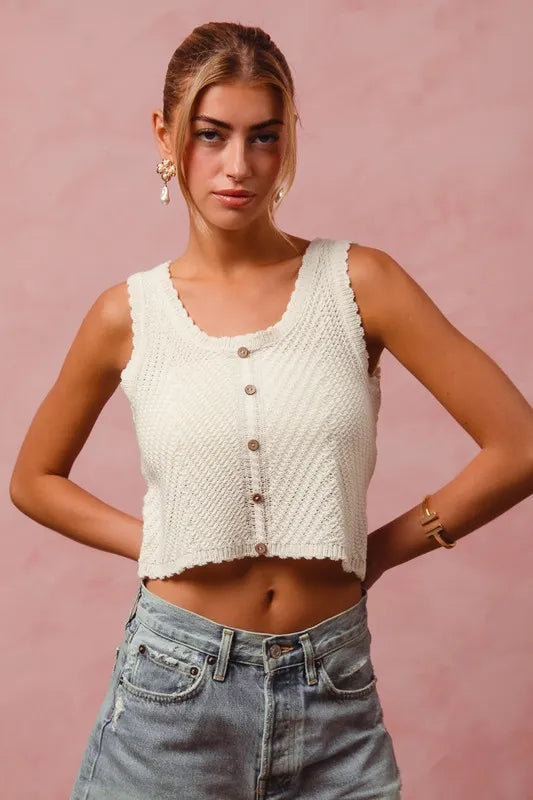 Cream Chevron Pattern Buttoned Front Lightweight Tank Top