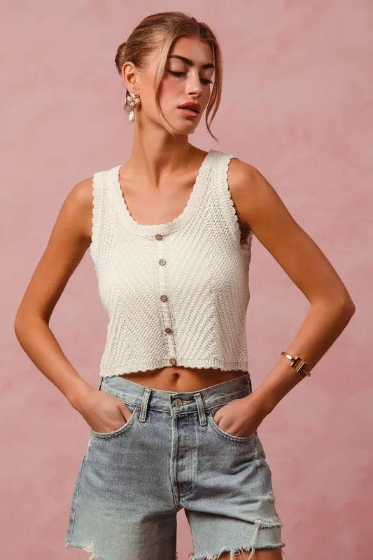 Cream Chevron Pattern Buttoned Front Lightweight Tank Top