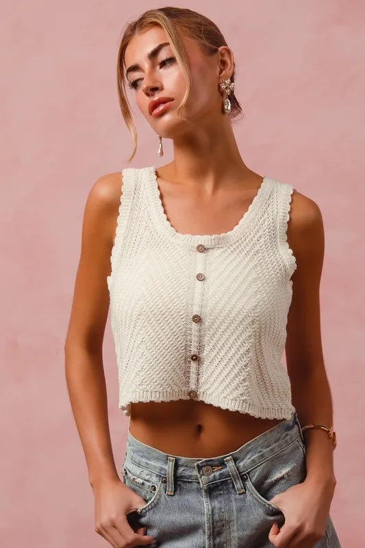 Cream Chevron Pattern Buttoned Front Lightweight Tank Top