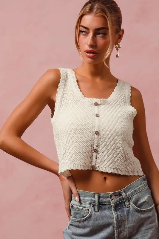 Cream Chevron Pattern Buttoned Front Lightweight Tank Top