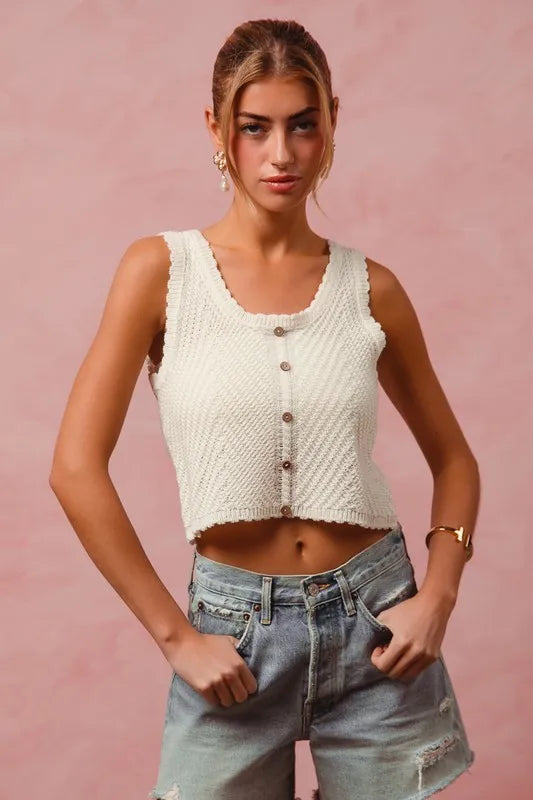 Cream Chevron Pattern Buttoned Front Lightweight Tank Top