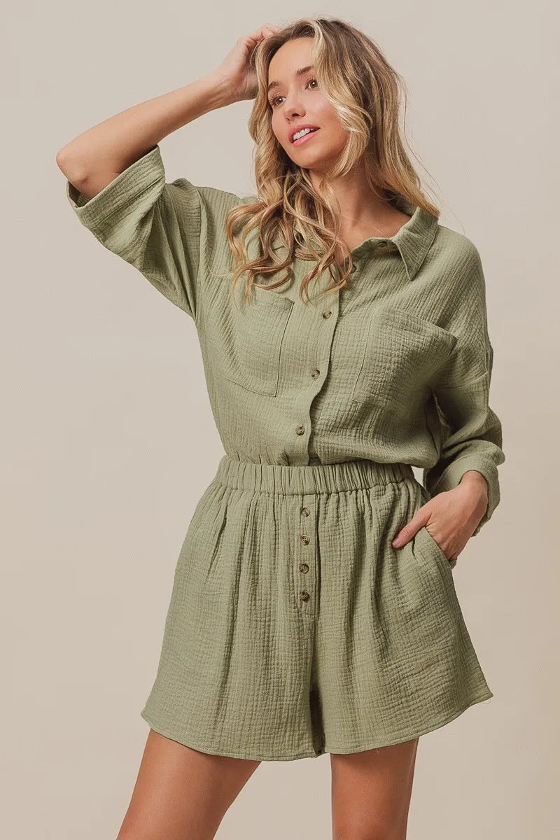 Crinkle Gauze Shirt and Short Set in Sage-Outfit Set-Reef Love