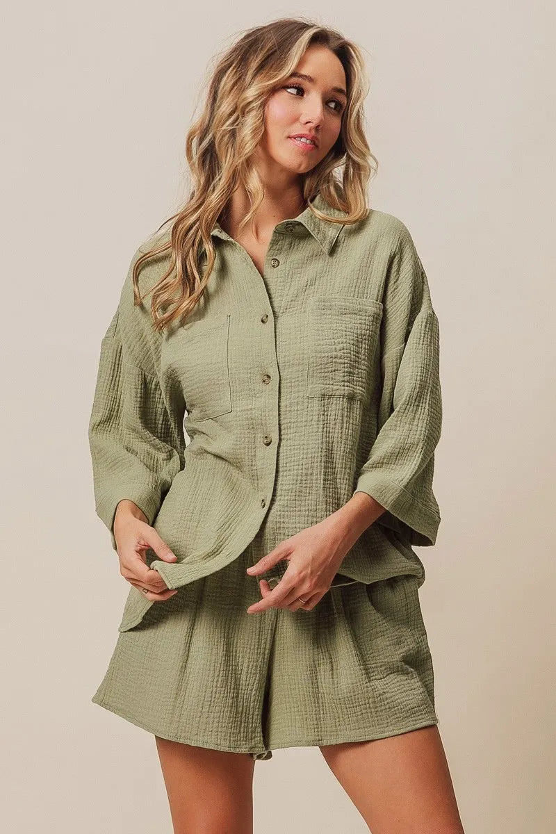 Crinkle Gauze Shirt and Short Set in Sage-Outfit Set-Reef Love