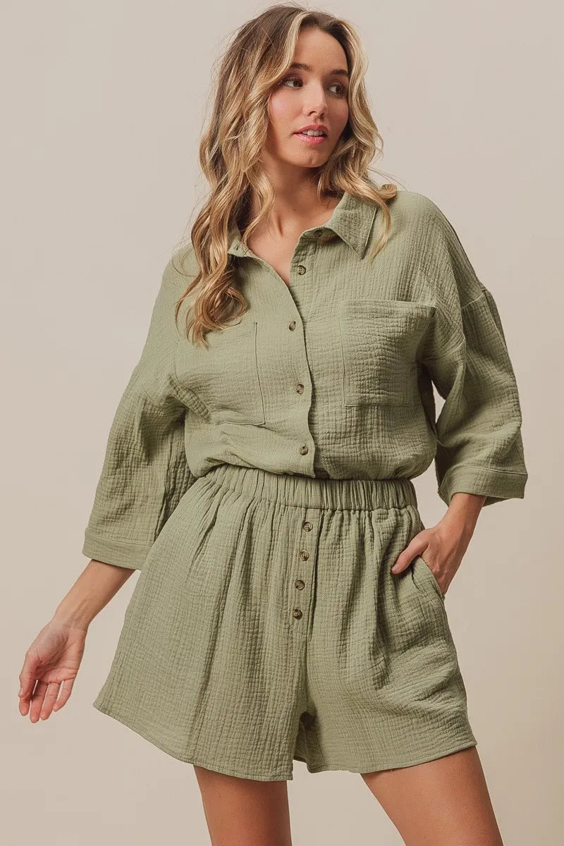Crinkle Gauze Shirt and Short Set in Sage-Outfit Set-Reef Love