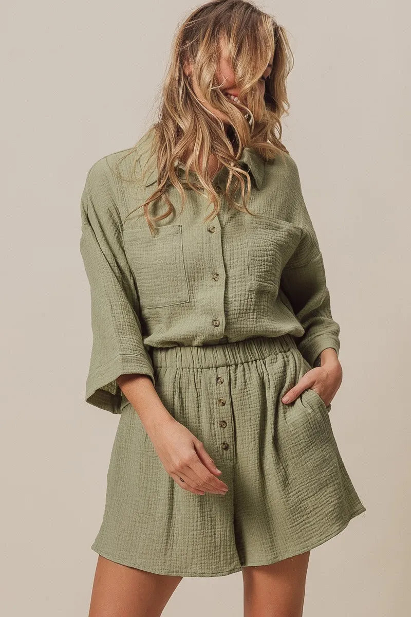 Crinkle Gauze Shirt and Short Set in Sage-Outfit Set-Reef Love