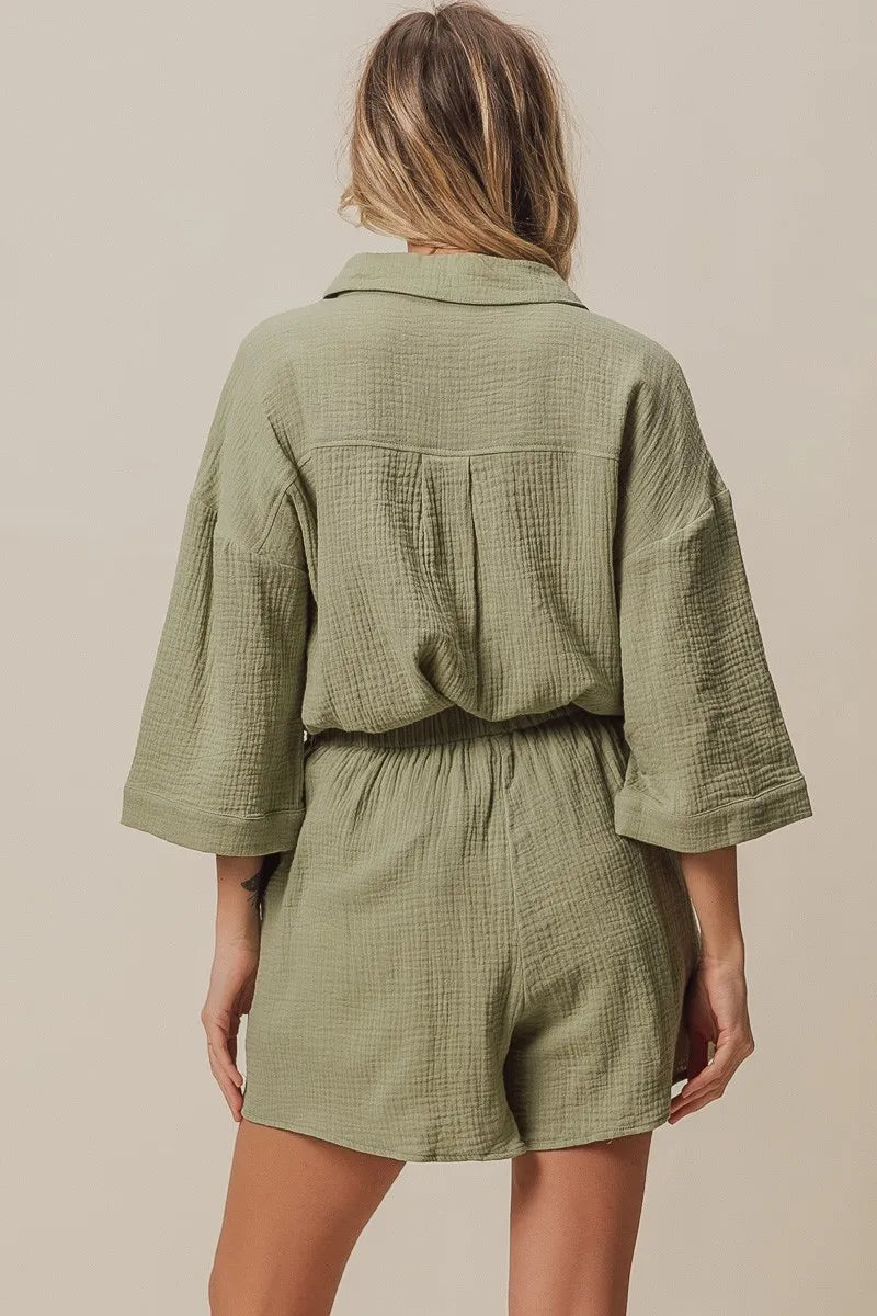 Crinkle Gauze Shirt and Short Set in Sage-Outfit Set-Reef Love