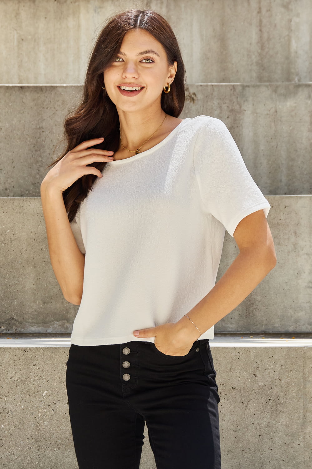 Criss Cross Pearl Detail Open Back T-Shirt-T-Shirt-Reef Love