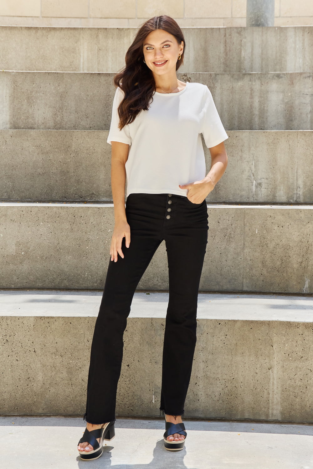 Criss Cross Pearl Detail Open Back T-Shirt-T-Shirt-Reef Love