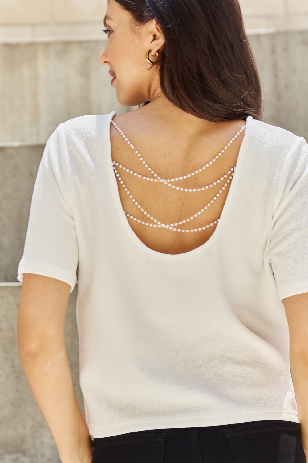 Criss Cross Pearl Detail Open Back T-Shirt-T-Shirt-Reef Love