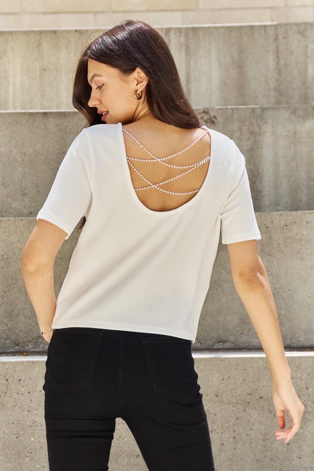 Criss Cross Pearl Detail Open Back T-Shirt-T-Shirt-Reef Love