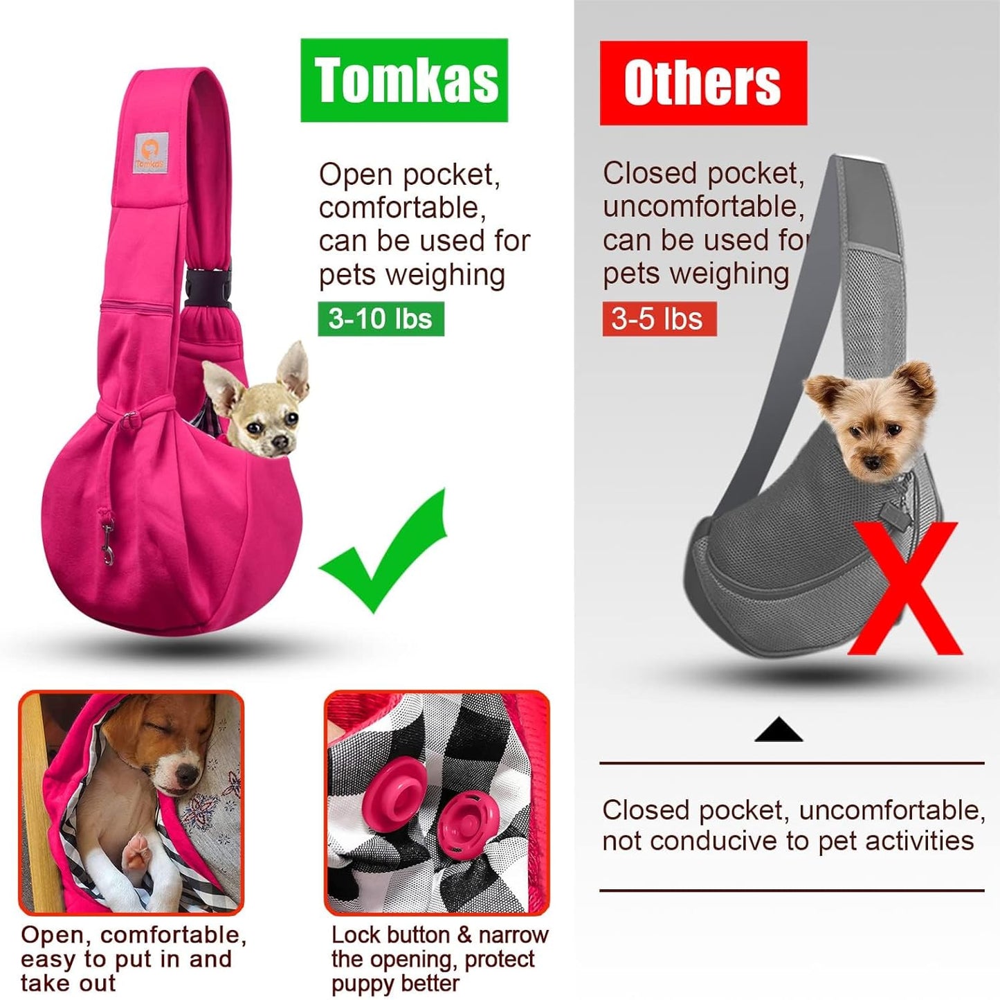 Dog Sling Carrier for Small Dogs Puppy Carrier for Small Dogs (Rose Red, Adjustable Strap for 3-10 Lbs & Zipper Pocket)
