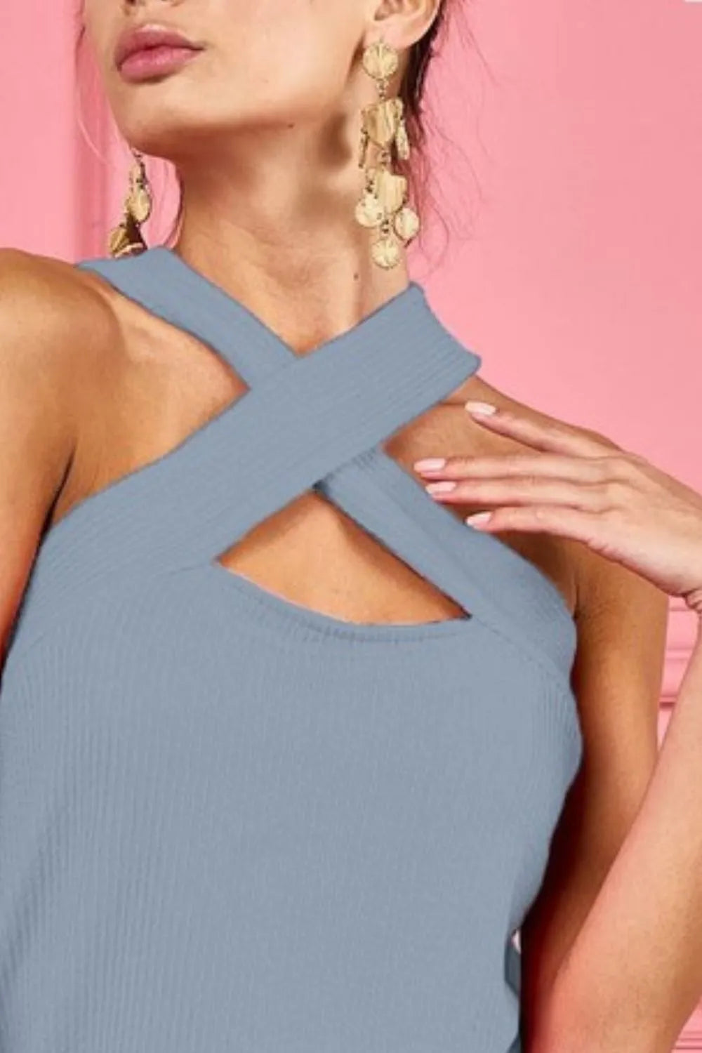 Cut Out And Cross Neck Banded Top, Blue-Knit Top-Reef Love