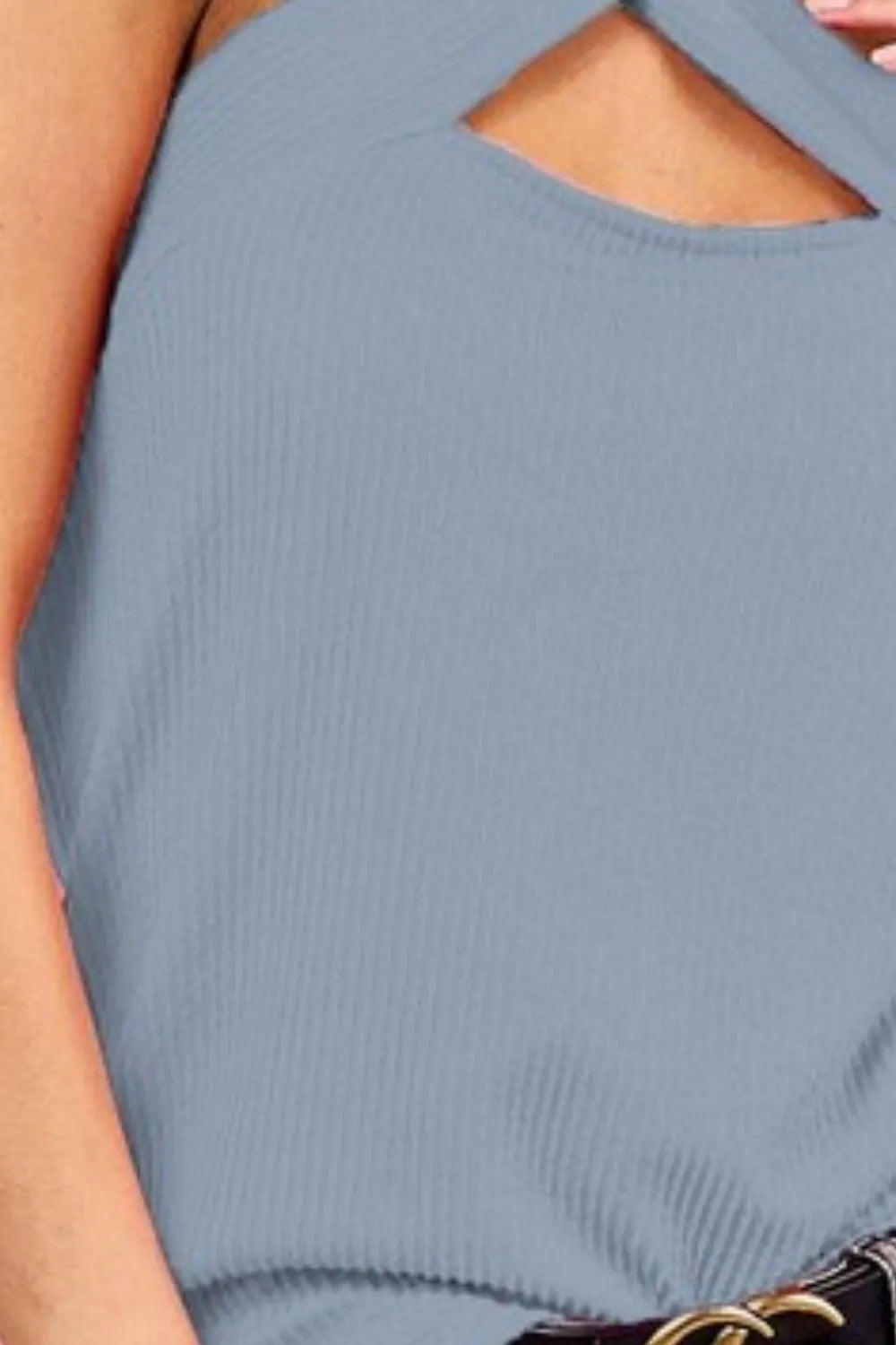 Cut Out And Cross Neck Banded Top, Blue-Knit Top-Reef Love