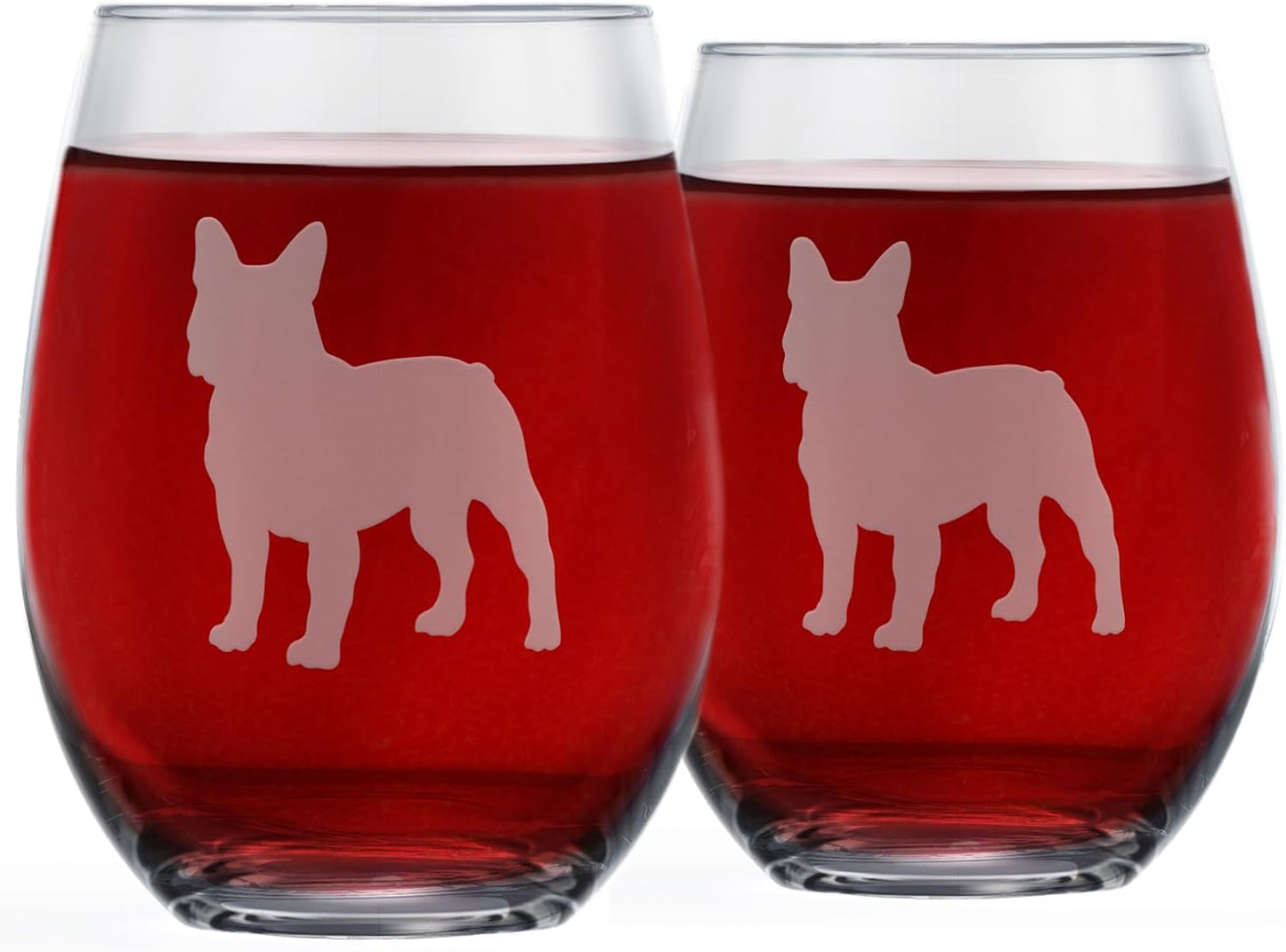French Bulldog Stemless Wine Glasses (Set of 2) - Unique gift for Dog Lovers - Etched 2-Sided Frenchie Silhouette with Breed Name on the Bottom