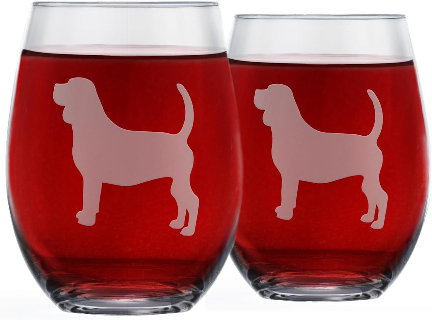 Beagle Stemless Wine Glasses (Set of 2) - Unique gift for Dog Lovers - Etched 2-Sided Beagle dog Silhouette with Breed Name on the Bottom