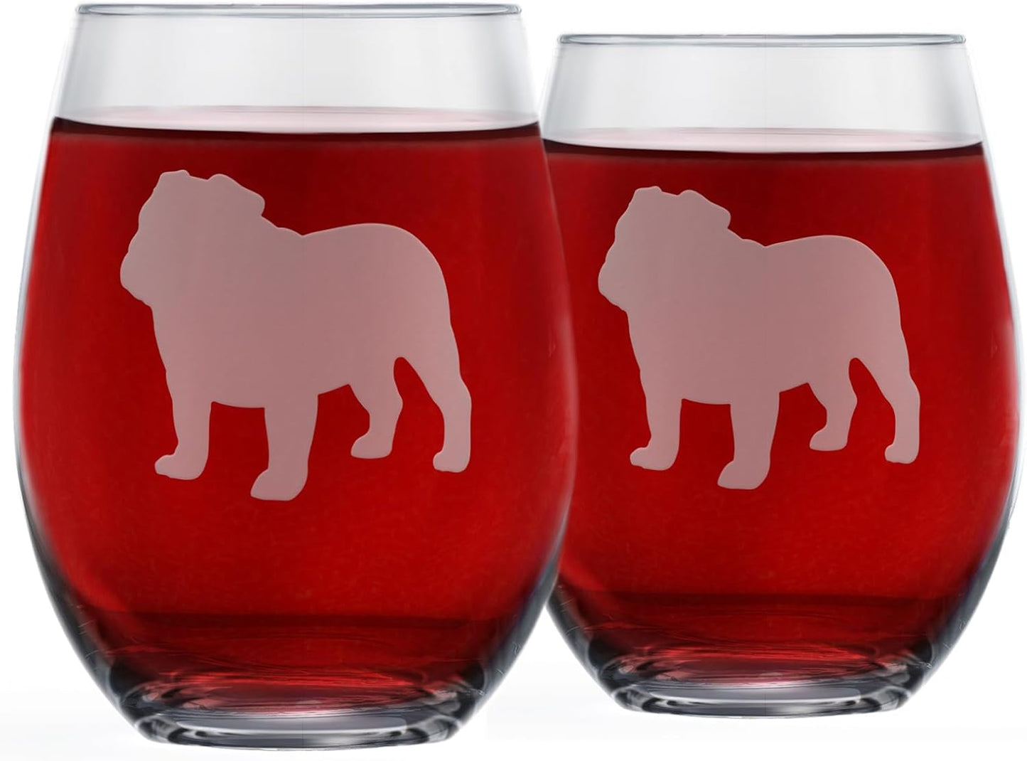 Bulldog Stemless Wine Glasses (Set of 2) - Unique gift for Dog Lovers - Etched 2-Sided bulldog Silhouette with Breed Name on the Bottom