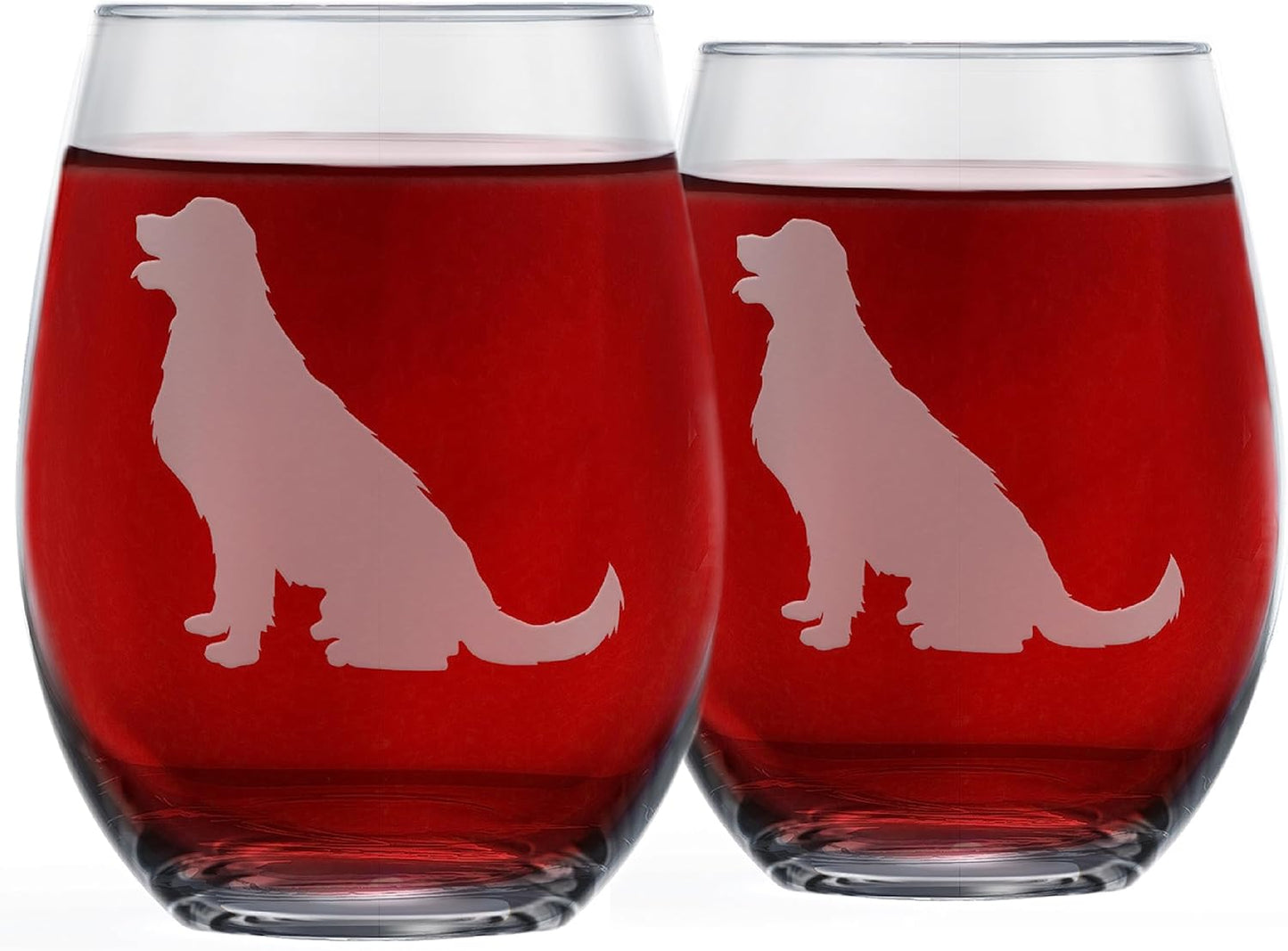 Golden Retriever Stemless Wine Glasses (Set of 2) - Unique gift for Dog Lovers - Etched 2-Sided Silhouette with Breed Name on the Bottom
