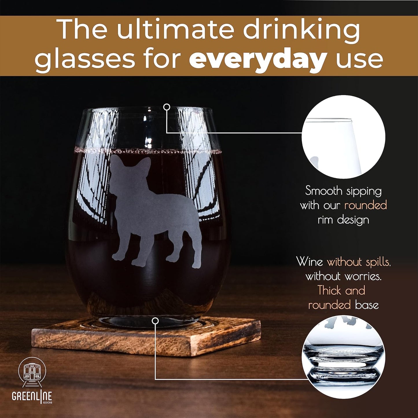 French Bulldog Stemless Wine Glasses (Set of 2) - Unique for Dog Lovers - Etched 2-Sided Frenchie Silhouette with Breed Name on the Bottom