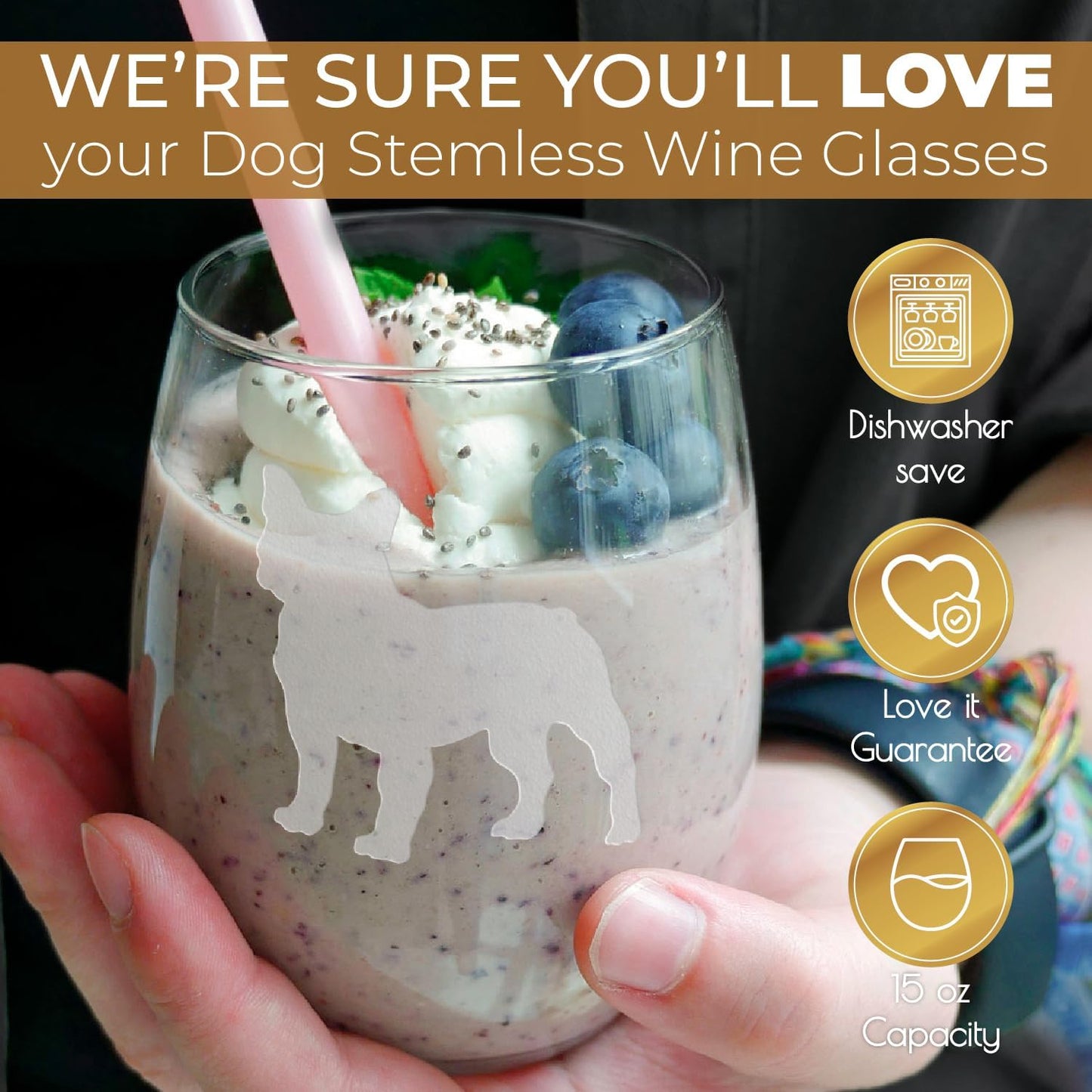 French Bulldog Stemless Wine Glasses (Set of 2) - Unique for Dog Lovers - Etched 2-Sided Frenchie Silhouette with Breed Name on the Bottom
