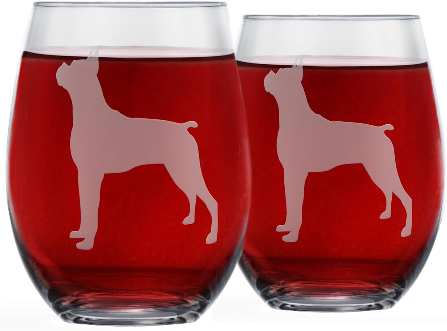 Boxer Dog Stemless Wine Glasses (Set of 2) - Unique for Dog Lovers - Etched 2-Sided Boxer dog Silhouette with Breed Name on the Bottom