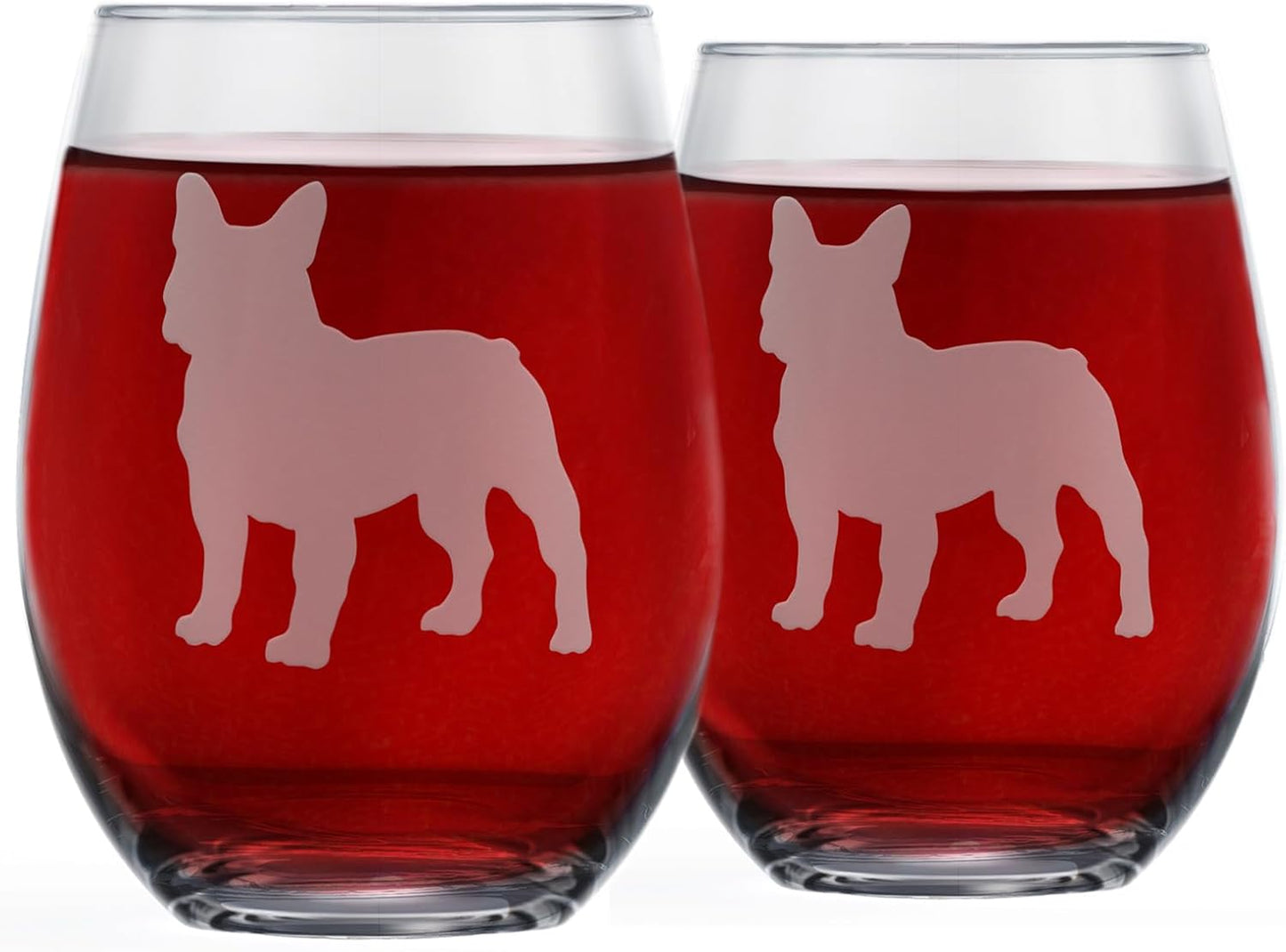 French Bulldog Stemless Wine Glasses (Set of 2) - Unique for Dog Lovers - Etched 2-Sided Frenchie Silhouette with Breed Name on the Bottom