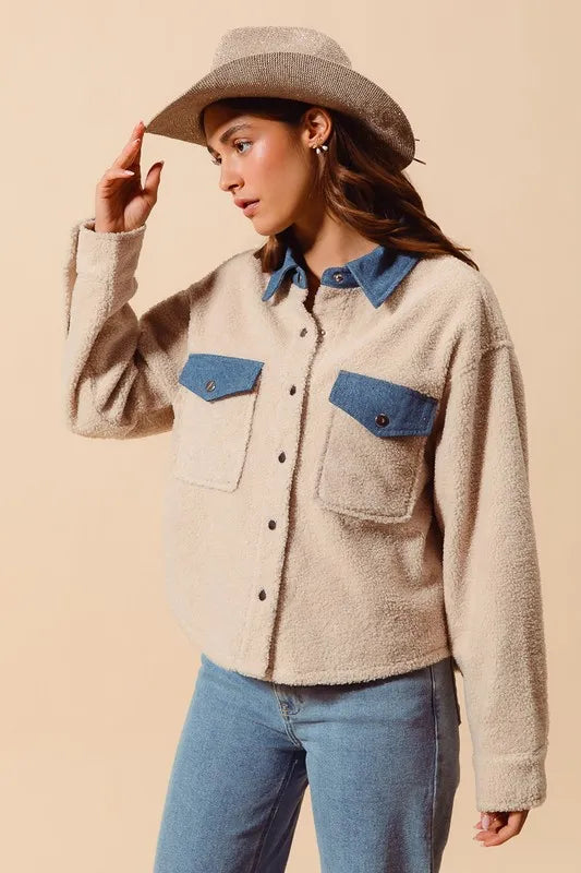 Faux Sherpa Fur Shacket with Denim Collar