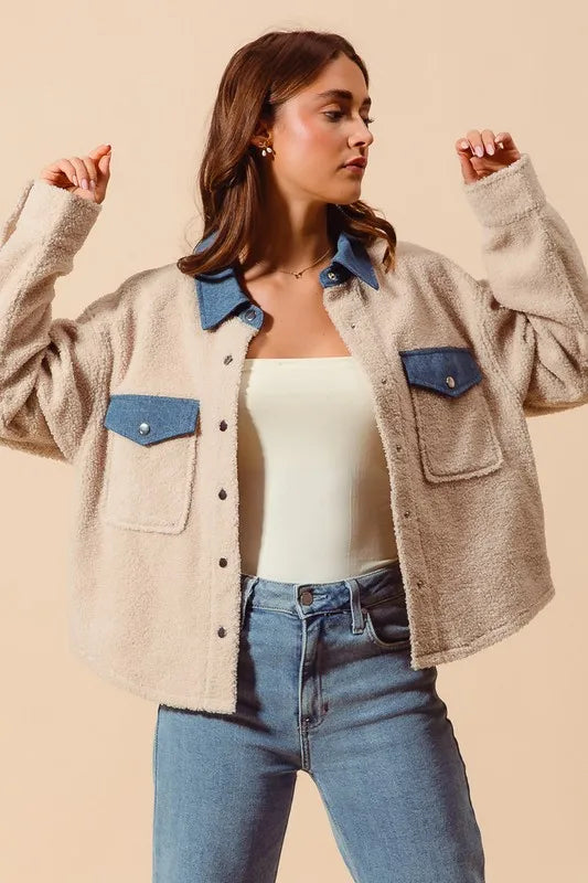 Faux Sherpa Fur Shacket with Denim Collar