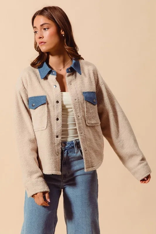 Faux Sherpa Fur Shacket with Denim Collar