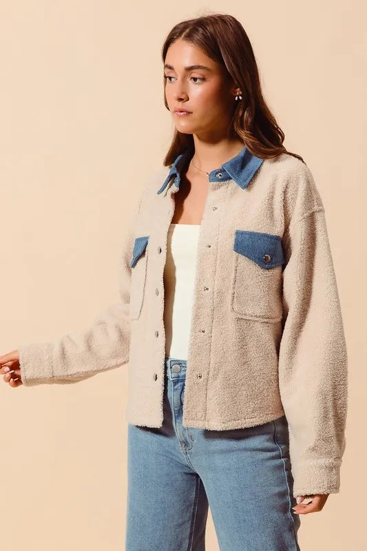 Faux Sherpa Fur Shacket with Denim Collar