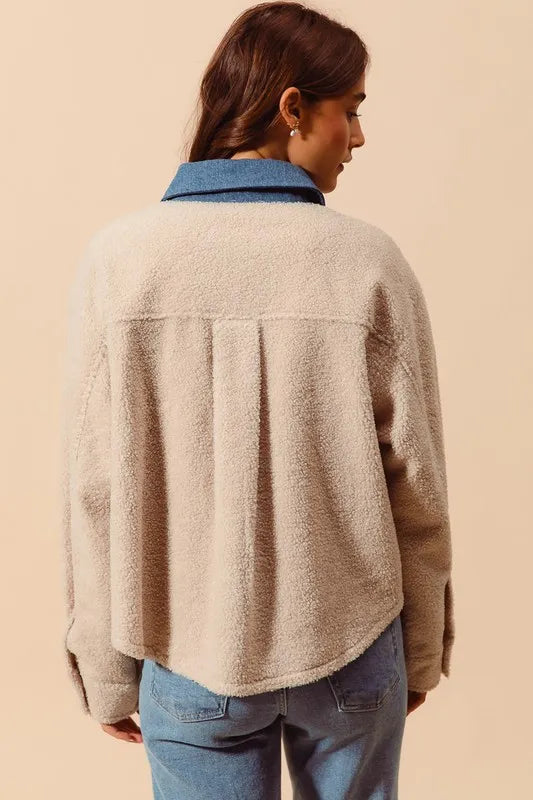 Faux Sherpa Fur Shacket with Denim Collar