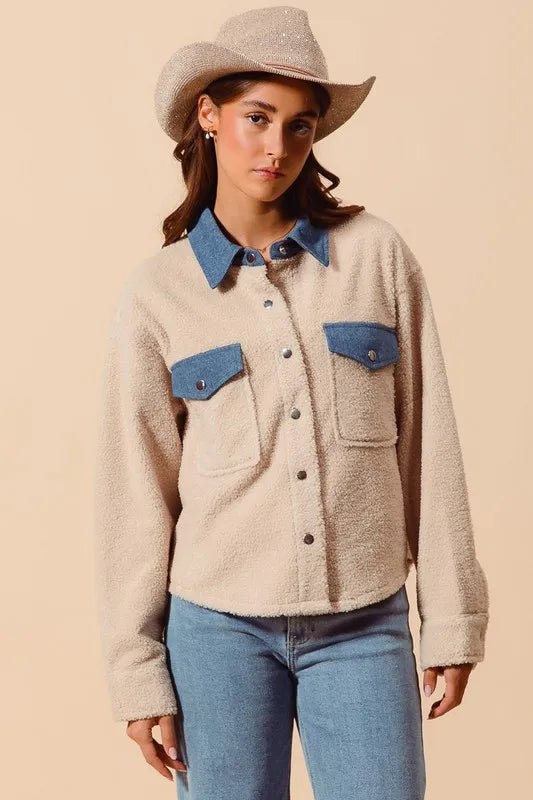 Faux Sherpa Fur Shacket with Denim Collar