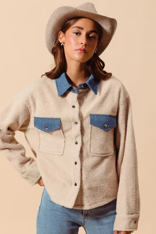 Faux Sherpa Fur Shacket with Denim Collar