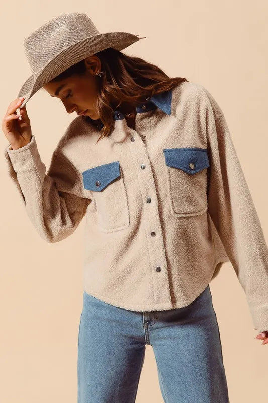 Faux Sherpa Fur Shacket with Denim Collar