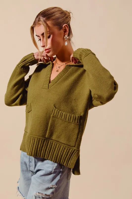Flap Collar Sweater Pullover Top with Patch Pocket