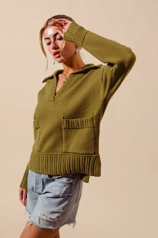 Flap Collar Sweater Pullover Top with Patch Pocket