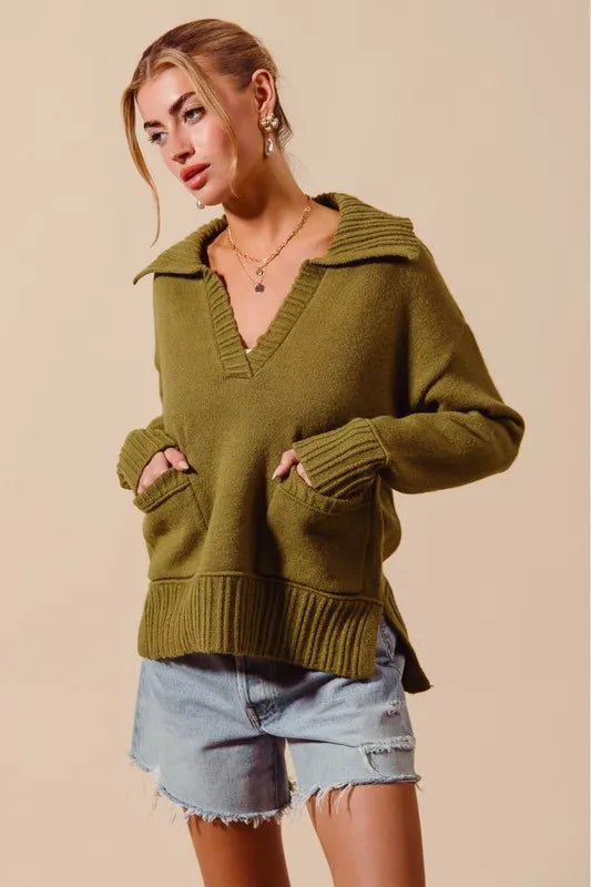 Flap Collar Sweater Pullover Top with Patch Pocket