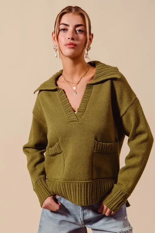 Flap Collar Sweater Pullover Top with Patch Pocket