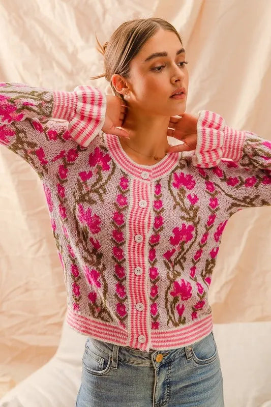 Floral Intarsia Button Up Sweater Cardigan