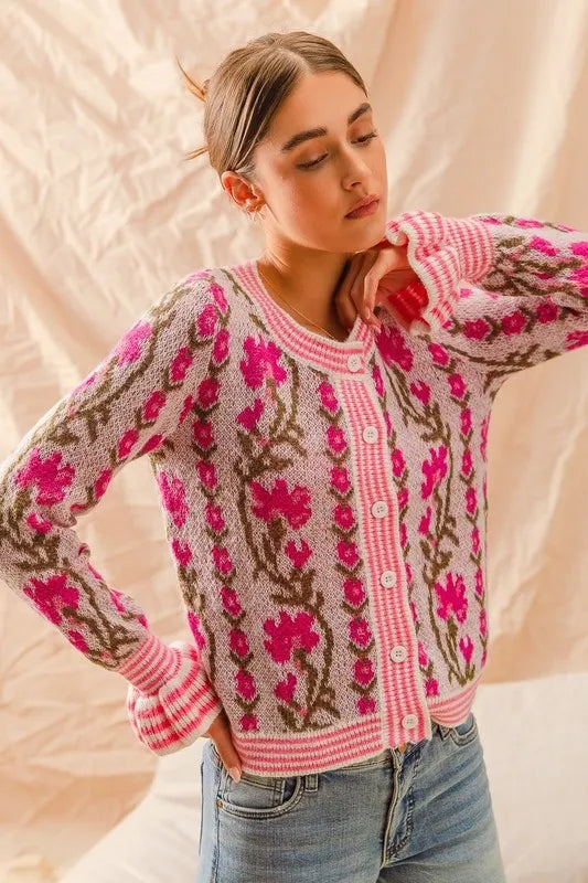 Floral Intarsia Button Up Sweater Cardigan