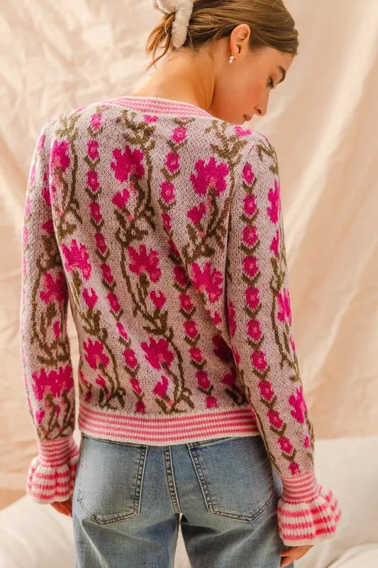 Floral Intarsia Button Up Sweater Cardigan