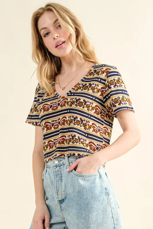 Floral Printed V Neck Cropped T-Shirt