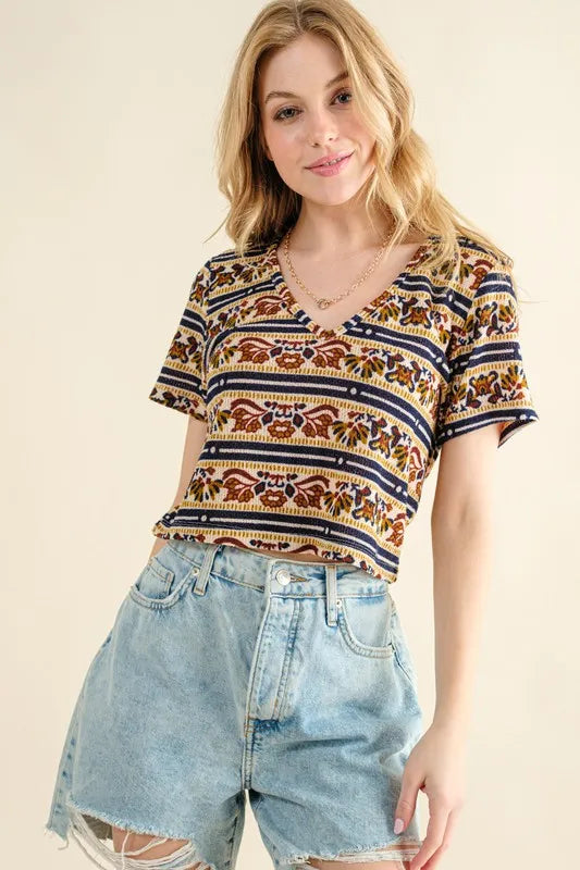 Floral Printed V Neck Cropped T-Shirt