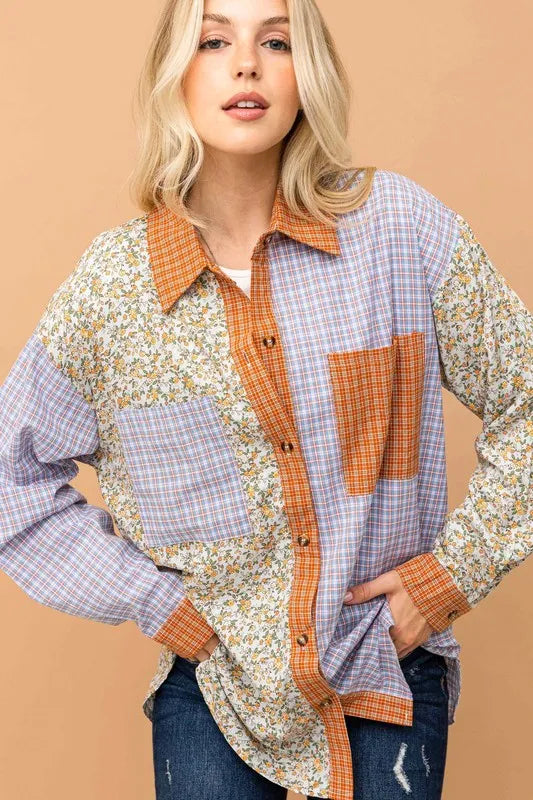 Floral and Plaid Color Block Button Down Shirt