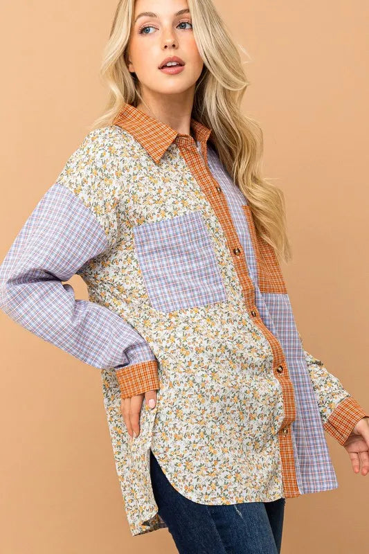 Floral and Plaid Color Block Button Down Shirt
