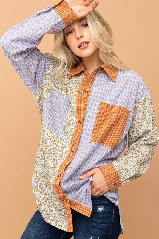Floral and Plaid Color Block Button Down Shirt