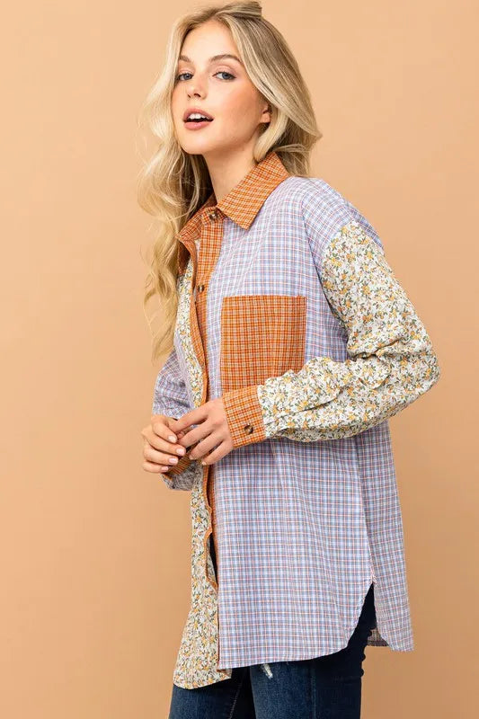 Floral and Plaid Color Block Button Down Shirt