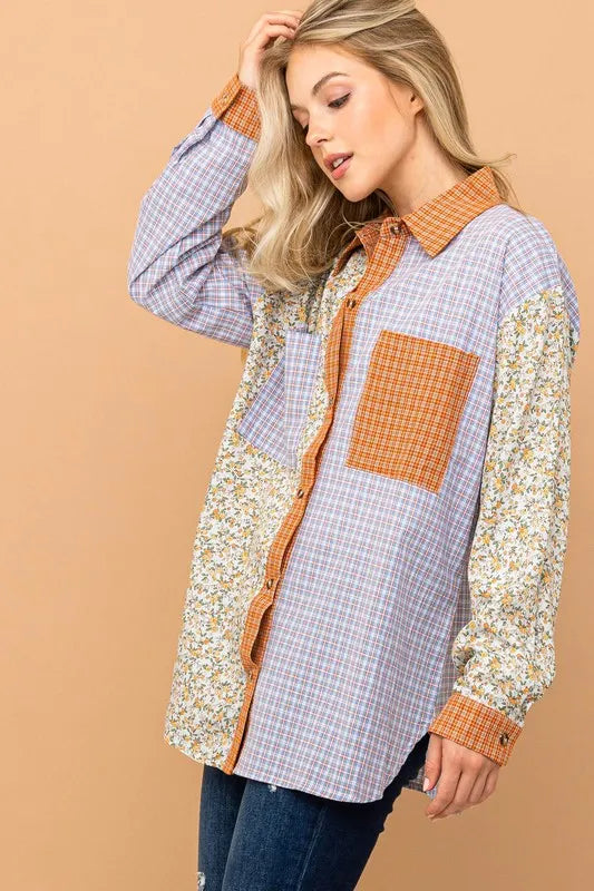 Floral and Plaid Color Block Button Down Shirt