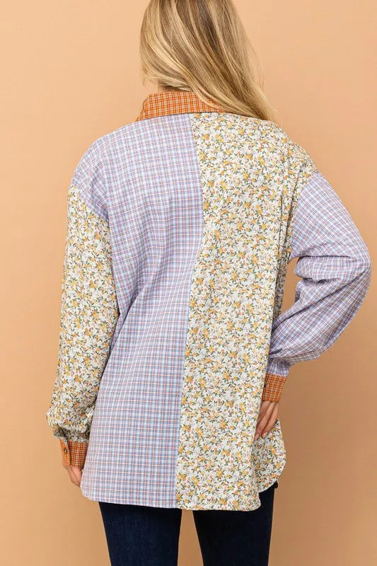 Floral and Plaid Color Block Button Down Shirt