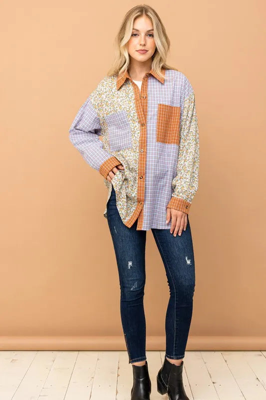 Floral and Plaid Color Block Button Down Shirt